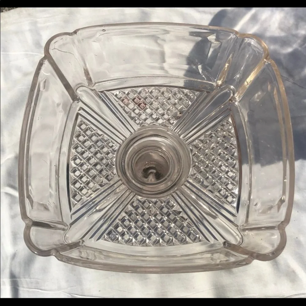 Antique Adams and Co Etched Square Glass Compote with Lid